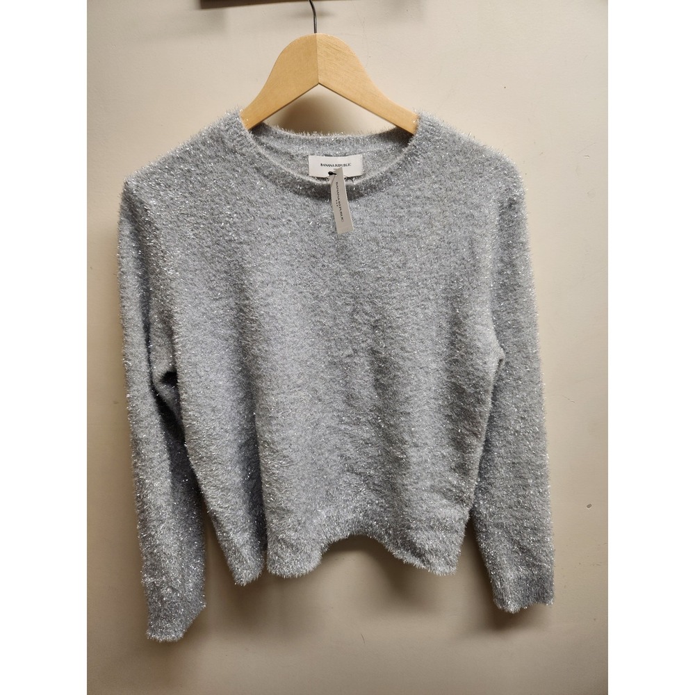 Banana Republic Women's Sparkly Fuzzy Knit‎ Crew Neck Sweater L Silver